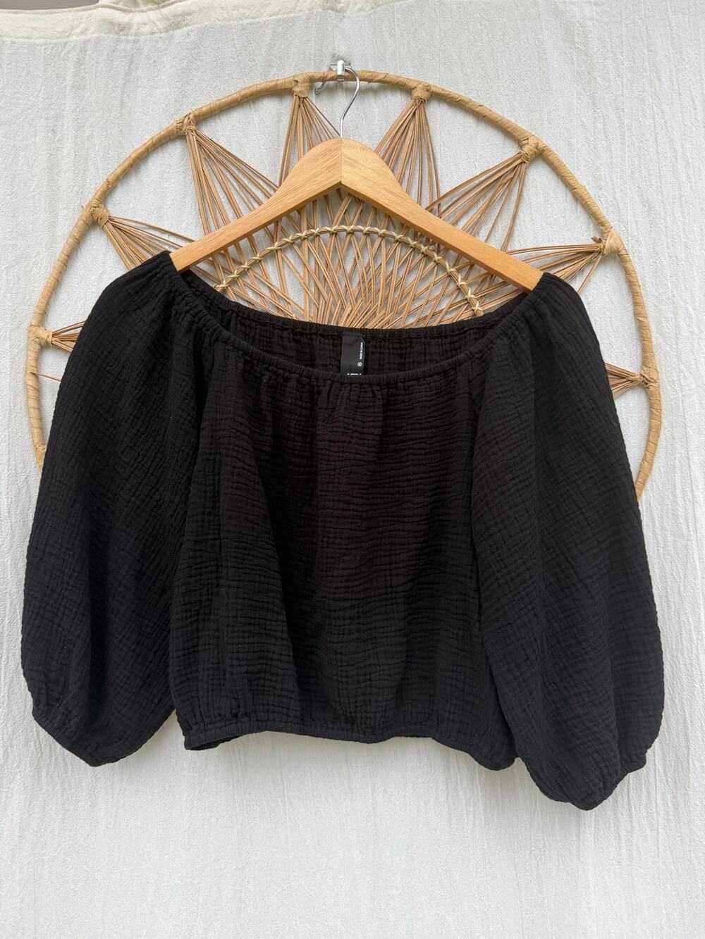 Black Bobi Los Angeles Cotton Gauze Muslin Peasant Puff Sleeve Crop Top Sz M